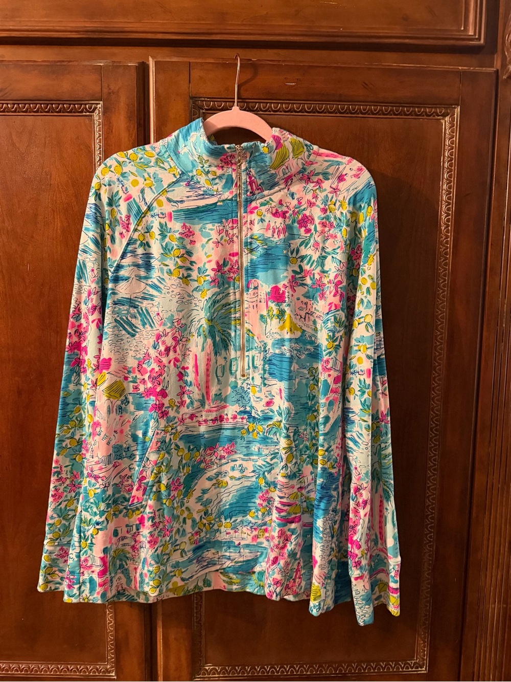 Lilly Pulitzer Pink, Aqua, Yellow & Cream Tropical Zip Pullover